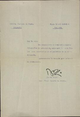 Oficina Italiana de Prensa. Carta del Real Cónsul General de Italia en Salamanca, Carlo Bossi, a diversas publicaciones, c. 1940