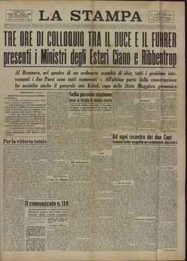 La Stampa. "Tres horas de conversación entre el Duce y el Fuhrer, con la presencia de los Ministros de Exteriores Ciano y Ribbentrop". Turín 5 octubre 1940