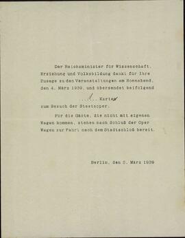 "El Ministro del Reich para la ciencia. Opera Nacional. Berlín, 3 marzo 1939"