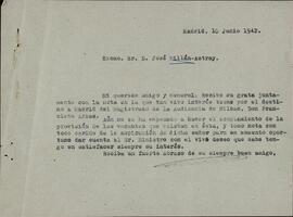 Millán, Astray, José. Correspondencia a Alejandro Gallo. Madrid, 1 junio 1942.