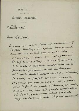 General Gamelin. "Carta desde la Comedia Francesa dirigida al General. 1 marzo 1918"