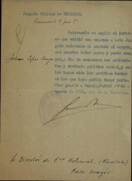 Solicitud antecedentes político-sociales de Julián López Burgos. 14 agosto 1939