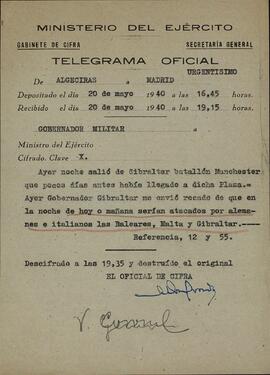 Ministerio del Ejército. Gibraltar después de la guerra civil. Informe sobre el inminente ataque ítalo-alemán a Gibraltar, Malta y Baleares. 20 de mayo de 1940