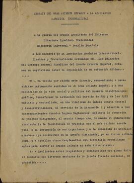 "Mensaje del Gran Oriente Español a la Asociación Masónica Internacional". Valle del Sena, 10 marzo 1939(Masonería. Martínez Barrios)