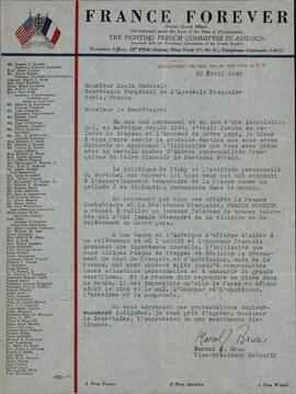 Carta de Marcel J. Brun, vicepresidente ejecutivo de "France Forever", Comité de Lucha francés en América contra la rehabilitación del Mariscal Pétain, Nueva York, 20 de abril de 1948.