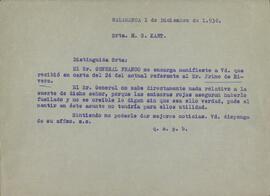 Colección Francisco Franco. Carta a María Santos Kant (novia de José Antonio Primo de Rivera). Salamanca 1 de Diciembre de 1936