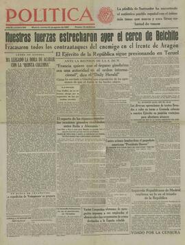 Política / Órgano de Izquierda Republicana. N.º 633. "Nuestras fuerzas estrecharon ayer el cerco de Belchite". 31 agosto 1937
