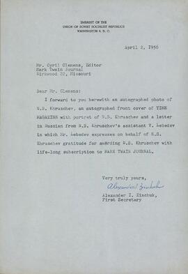 Zinchuk, Alexander I. Carta desde la Embajada rusa en Washington a Mr. Cyril Clemens y recorte periódico. April, 2 1956