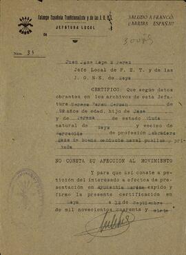 Certificado de Buena Conducta y Afección al Movimiento a favor de Teresa Carou Garzón (90 años) emitido por la Jefatura Local de Falange de Noya (La Coruña). 12 Septiembre 1947