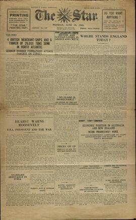 The Star, el Periódico más Antiguo de Guernsey. 16 Junio, 1941. "4 mercantes y un petrolero de 29.000 toneladas hundidos en el Atlántico Norte."