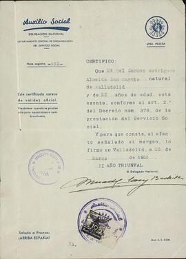 Certificado expedido sobre María del Carmen Rodríguez Almeida San Martín, firmado por Mercedes Sanz Bachiller, Directora de Auxilio Social. Valladolid, 23 de Marzo de 1938