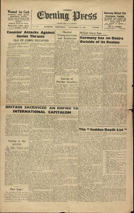 Evening Press. Guernsey, 29 septiembre 1943. "Contraataque contra el empuje soviético."