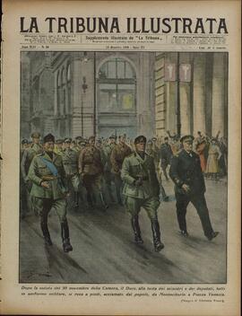 La Tribuna Illustrata. "Después de la reunión del 30 de noviembre en la Cámara, el Duce, a la cabeza de los ministros y diputados, todos con uniforme militar, se fueron a pie de Montecitorio a Piazza Venezia aclamados por el pueblo".  13 de diciembre de 1936