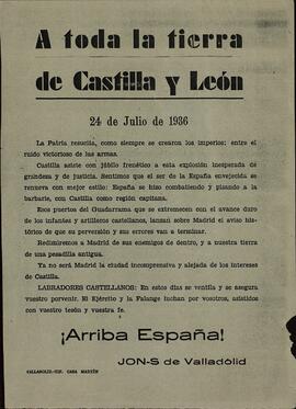 "A toda la tierra de Castilla y León". JON-S de Valladolid, 27 de julio de 1936