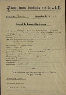 Solicitud de carné definitivo de Falange: Carmen Campo del Blanco. Guardo (Palencia), 4 septiembre 1938