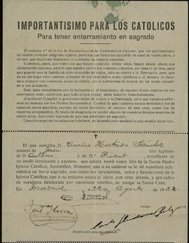 Hurtado Sánchez, Carlos. Certificado de muerte católica para tener enterramiento sagrado. 1932