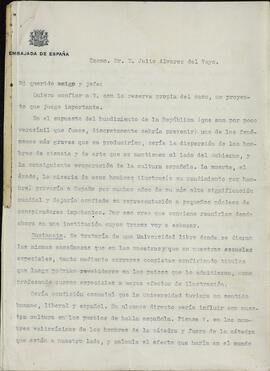 Colección Francisco Franco. Ángel Osorio y Gallardo: Carta a Álvarez del Vayo, Julio. 11 marzo 1937. (Sobre la concentración en Méjico de intelectuales españoles que eventualmente tuvieran que marchar hacia el exilio).