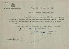 Carta del General Miguel Cabanellas al Coronel Fernando Moreno Calderón, recomendándole al Cabo Fernando Struck Isso, del Regimiento Taxdir, 7º de Caballería. Burgos, 14 de Febrero de 1937