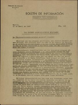 "Los últimos acontecimientos militares". Boletín de información n.º 243. Embajada alemana en Madrid, 11 abril 1942
