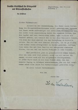 Lochenhausen, von. "Sociedad alemana para la política y las ciencias. ¡Querido Falkenstern! 25 marzo 1944"