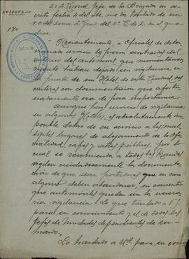 Marzo?, Manuel. Recomendaciones sobre vigilancia de la documentación. Leciñena, 8 de marzo 1938 (Guerra Civil).
