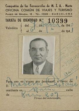 Castañé Lloret, Modesto. Billete de tren. Válido entre el 7 septiembre 1940 y 6 septiembre 1941