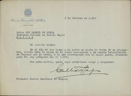 Reserva General de Artillería. Carta de Carlos Martínez Campos a Rafael de Rueda. Madrid, 5 febrero 1945