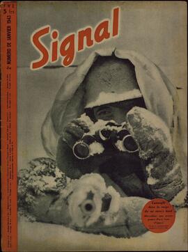 Signal. "Camuflado en la nieve en tierra de nadie. Artillero en la vanguardia de una base de apoyo". 2º Nº Enero 1943.