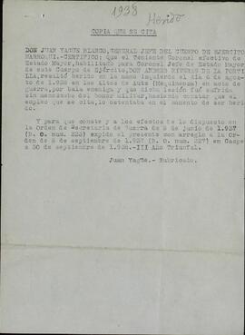 Yagüe Blanco, Juan: Certificado de herido de guerra a Andrés Rivera de la Portilla. 4 octubre 1938