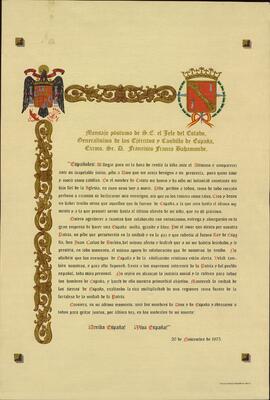 "Mensaje póstumo de S.E. el Jefe del Estado, Generalísimo de los Ejércitos y Caudillo de España, Excmo. Sr. D. Francisco Franco Bahamonde". 20 noviembre 1975