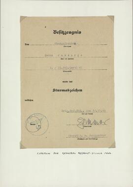 "Assault - Silver. Certificado de bienes del cabo superior Heinz Passarge. 10 noviembre 1944"