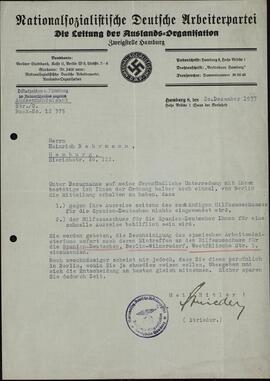 "Cartas de la organización extranjera del NDASP a Heinrich Behrmann: Carta de Streiner sobre las ayudas para el viaje". 20 diciembre 1937
