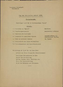 "Embajada alemana en Salamanca. Día del Trabajo Nacional 1938. Programa de festividades"