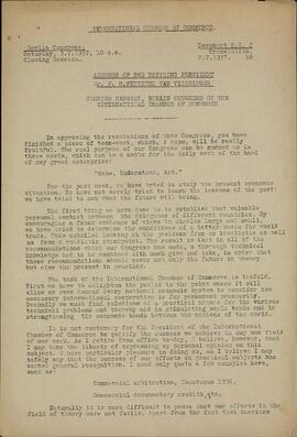 Vlissingen, F. H. Fentener Van. Sesión de Clausura. IX Congreso Cámara Internacional Comercio. Berlín, 3 julio 1937