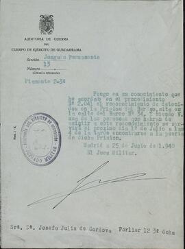 Córdova, Josefa Julia de. Juicios de guerra. Cuerpo de Ejército de Guadarrama y certificados de adhesión de Falange. Madrid, 25 junio 1940