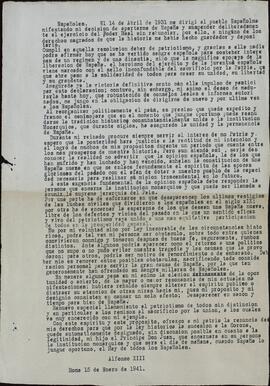 Carta del Rey Alfonso XIII a los Españoles. Roma, 15 de Enero de 1941 (Renuncia a favor de su hijo D. Juan de Borbón)