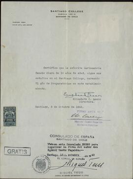 Vapor Uruguay. Sancho Contreras, Eduardo. Certificado de estudios de María Amancia Sancho Claro (hija). Santiago de Chile, 5 octubre 1943