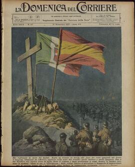 La Domenica del Corriere. "Rito legionario en honor a los Caídos. En una colina frente a la línea de los rojos españoles en el Frente de Aragón...". 21 de noviembre de 1937.