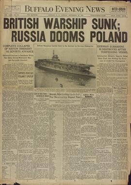Buffalo Evening News. 18 septiembre 1939. "Buque de guerra británico hundido; Rusia sentencia a Polonia."