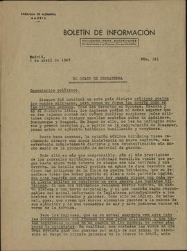 "El ocaso de Inglaterra". Boletín de información n.º 241. Embajada alemana en Madrid, 1 abril 1942