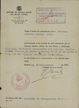 Jefatura de Sanidad Militar del Sector Centro. Declaración de Utilidad Médica del soldado Isidoro Rolland Serna. Madrid, 18 de Septiembre de 1937.