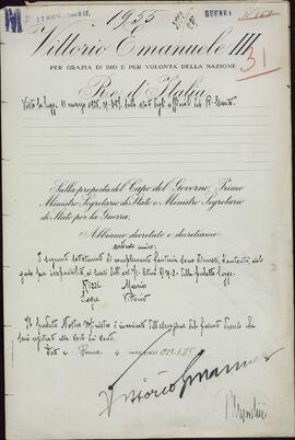"Vittorio Emanuele III por la gracia de Dios y la voluntad de la nación / Ministerio de guerra. Dirección general personal oficial" 1928