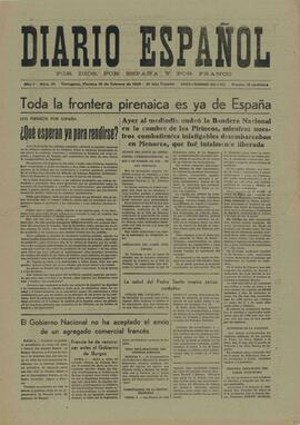 Diario Español. "Toda la frontera pirenaica es ya de España". 10 Febrero 1939