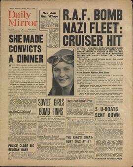 Daily Mirror. Lunes, 4 diciembre 1939. "La R.A.F. bombardea la flota nazi: un crucero alcanzado"