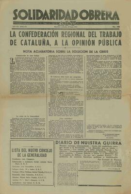 Solidaridad Obrera. Órgano de la Confederación Regional del Trabajo de Cataluña. "La Confederación Regional de Trabajo de Cataluña, a la opinión pública. Nota aclaratoria sobre la solución de la crisis". 30 junio 1937