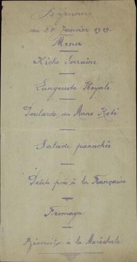 General Gamelin. "Comida y menú del 20 enero 1919"