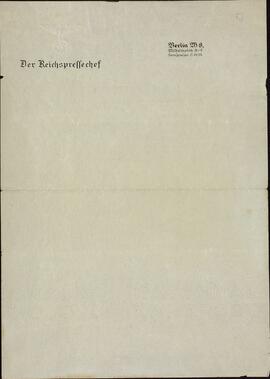 Papel de carta impreso del Jefe de Prensa del Tercer Reich