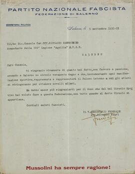 Carta de Giovanni Negri dirigida a Riccardo Gambrosier. Salerno 5 de septiembre de 1931