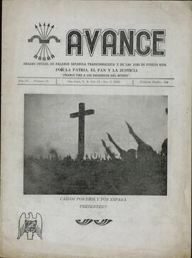Avance. Órgano Oficial de la Falange Española Tradicionalista y de las JONS de Puerto Rico.  "Caídos por Dios y por España, Presentes" 15 de Octubre a 1 de Noviembre de 1939.