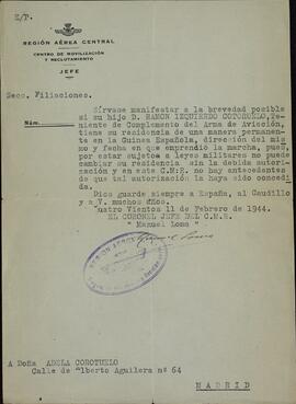 Oficio del Centro de Movilización y Reclutamiento de la Región Aérea Central, dirigido a Adela Corotuelo (sic) solicitando información sobre el paradero de su hijo, Ramón Izquierdo Cotorruelo. 11 Febrero 1944